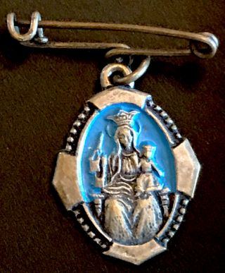 Vintage Catholic St Anne Blue Enamel Medal On Pin
