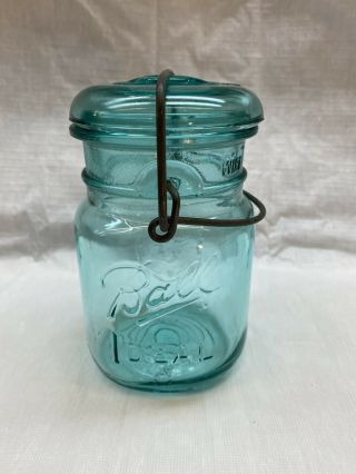 Vintage Pint Ball Mason Jar.  Blue Glass With Glass Lid And Wire 1976
