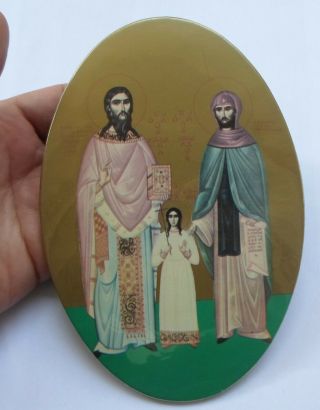 Saints NICHOLAS IRENE RAPHAEL of Lesvos Vintage Greek Orthodox Icon on Metal 2 2