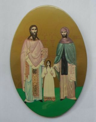 Saints NICHOLAS IRENE RAPHAEL of Lesvos Vintage Greek Orthodox Icon on Metal 2 3