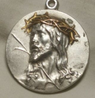 Antique Silver & Bronze Relief Christ Throne Of Thorns Medal Pendant Sgd France