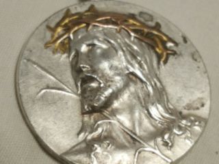 Antique Silver & Bronze Relief Christ Throne of Thorns Medal Pendant sgd France 2