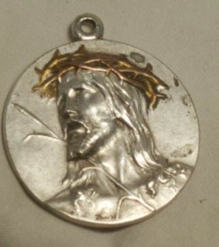 Antique Silver & Bronze Relief Christ Throne of Thorns Medal Pendant sgd France 3