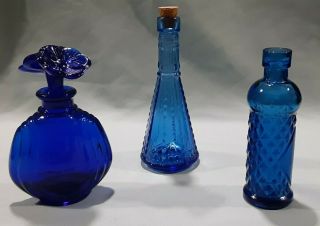 Pretty Cobalt Blue Glass Small Cork Bottles Art Glass Set Of 3