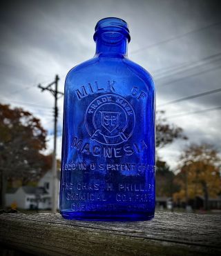 Vintage 1920s 30s Milk Of Magnesia Cobalt Blue Medicine Bottle Patent 1906 Dug