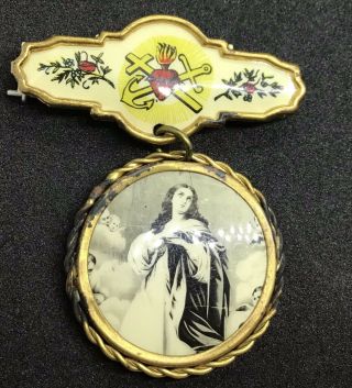 Virgin Mary & Angels & Triad Antique Religious Pendant Tin Medal Celluloid Litho
