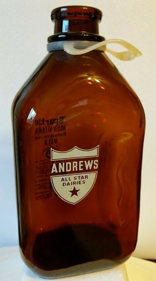 Rare Vintage Andrews All Star Dairy Galion Ohio Oh Amber Half Gallon Milk Bottle