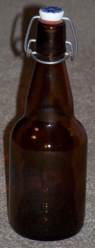 Vintage Amber Pint Beer Bottle With Ceramic Flip Top Cap,  Lion Logo On Cap