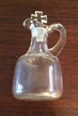 Vintage Clear Glass Altar Wine/holy Water Cruet With Glass Cross Stopper 1940’s
