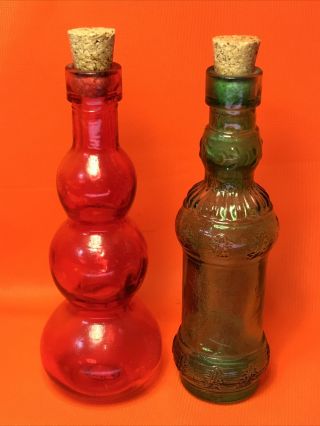 Two Small Glass Bottles With Corks 5” Tall Red & Green