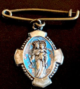 Vintage Catholic St Anne Blue Enamel & Silver Tone Medal On Pin