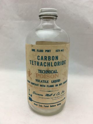 Vintage Screw Top Bottle W Label Carbon Tetrachloride Poison Skull & Crossbones