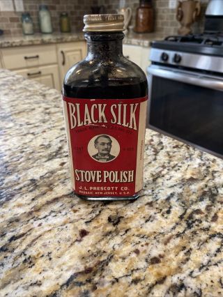 Antique Black Silk Stove Polish - J L Prescott Company - 6 Oz Bottle - 2/3 Full