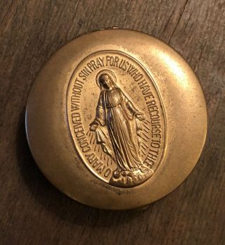 Antique Vintage Old Brass Holy Rosary Case Box Mary Immaculate Conception Prayer