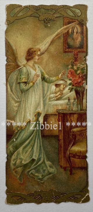 Guardian Angel And Sick Child,  Antique Die - Cut Miniature Devotional Holy Card.