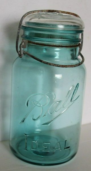 Vintage Ball Ideal Blue Quart Canning Jar Wire Bail 5 And Glass Lid