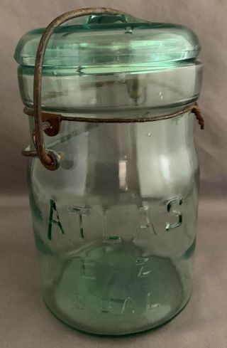 Antique Canning Jar Atlas E - Z Seal Blue Glass Pint Glass Lid And Locking Clasp