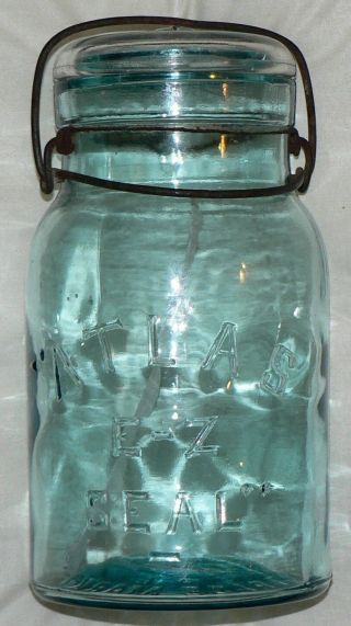 Antique Canning Jar: Atlas E - Z Seal 6 (quart),  W/ Glass Top & Wire Latch
