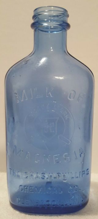 Vintage Light Blue Milk Of Magnesia Medicine Bottle 7in.  Tall Chass H Phillips