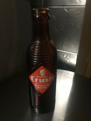 (2) Orange Crush Soda Bottles 7 Oz Empty Amber Brown Ribbed Vtg