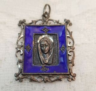 Antique Vintage Pendant Mother Mary Frame Portrait Blue Enamel Ornate Jewelry