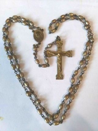 Vintage Gold Tone Rosary Catholic Church Prayer Beads Our Lady Virgin Mary Brass