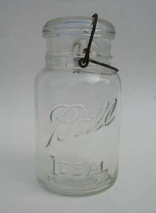 Old Antique Vintage Clear Glass Ball Ideal 1 Quart Canning Jar W/ Bale Top Lid