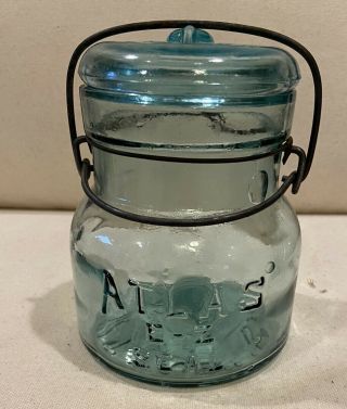 Vintage Atlas E - Z Seal Blue Pint Canning Jar With Glass Lid And Wire Bale