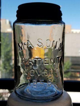 Antique Masons Jar Patent Nov 30th 1858 Pint Clear Canning W/ Zinc Lid Bubbles