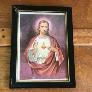 Vintage Young Sacred Heart Of Jesus Religious Print In Black Painted Wood Frame