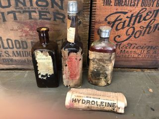 3 Antique Patent Quack Medicine Druggist Bottles Hydroleine Quinona Pancreaticus