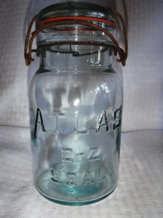 Vintage Atlas E - Z Seal Quart Canning Jar With Wire Bail Seal And Glass Lid