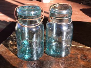 2 Vintage Atlas E - Z Seal Blue Quart Canning Jar With Glass Lid And Wire Bale