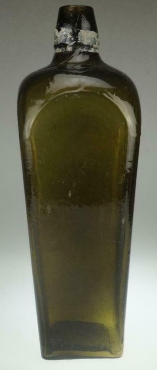 Antique Mould Blown Gin Bottle In Olive Amber Hand Applied Top Air Bubbles Pp74