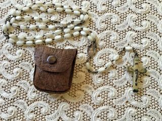 Vintage Christian Rosary White Glass Beads With A Brown Leather Pouch Jl.