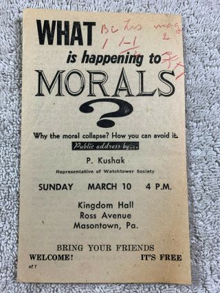 1962 Jehovahs Witnesses Watchtower Handbill Public Talk Invitation Usa