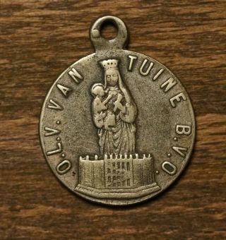 Antique Religious Silvered Medal Pendant Our Holy Lady Of Tuine Ypres Flanders