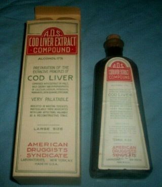 Vintage Antique A.  D.  S.  Cod Liver Extract Compound Medicine Bottle Nos W/box