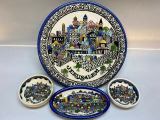 Rare Large Handpainted Jerusalem Plate & Dish Set Ceramic Pottery Souvenir Seder