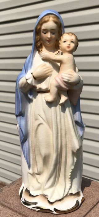 Mary Madonna And Child Jesus Planter Hand Painted Bisque Gold Accents