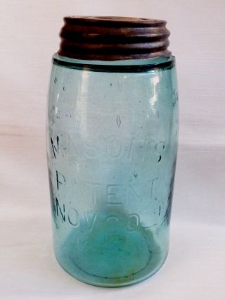 Antique Qt Jar MASON ' S PATENT NOV 30th 1858 Blue Zinc Lid Boyd ' s Porcelain Cap 2
