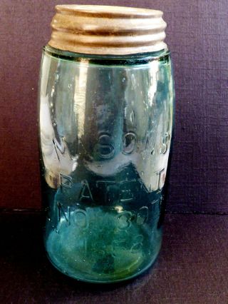 Antique Qt Jar MASON ' S PATENT NOV 30th 1858 Blue Zinc Lid Boyd ' s Porcelain Cap 3