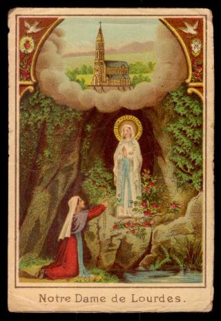 Our Lady Of Lourdes Apparition To St Bernadette Antiq Chromolitho Holy Card