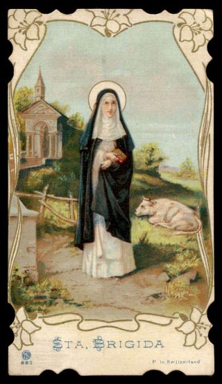 St Brigid Of Kildare Or Of Ireland Old W/ Gold Holy Card
