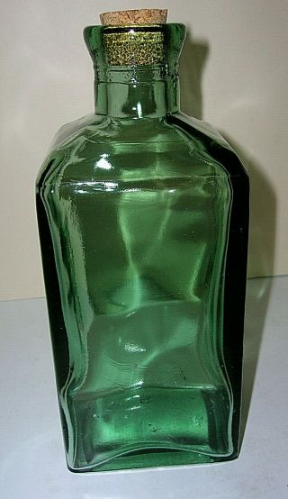 Vintage Green Glass Bottle Antique Style Square W/ Cork 7.  25 " Tall 20 Oz.