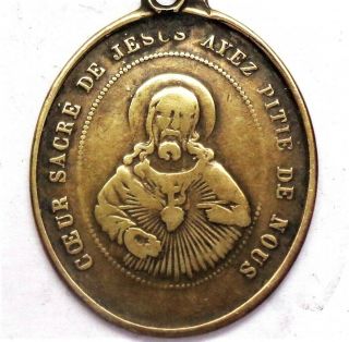 The Sacred Hearts Of Jesus And Mary - Antique Old Bronze Medal Pendant