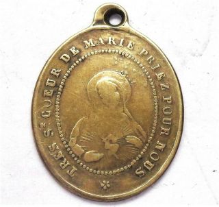 THE SACRED HEARTS OF JESUS AND MARY - ANTIQUE OLD BRONZE MEDAL PENDANT 3