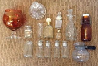 Vintage Glass; Stoppered Bottles,  Vintage Pot,  Amber Glass With Sunshine Lid.