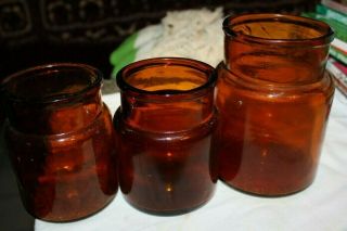 Vintage Canton Manufacturing Brown/amber Glass Jar Two 3 - 3/4 " & One 4 - 3.  4 " Jars