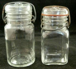 2 Vintage Half - Pint Canning Jars Wire Bales Lids Round (5.  5 ") And Square (5 ")